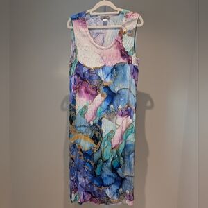 Dolcezza Simply Art Tie Dye Marbled Effect Tank Dress L Purple Aqua Gold Batik